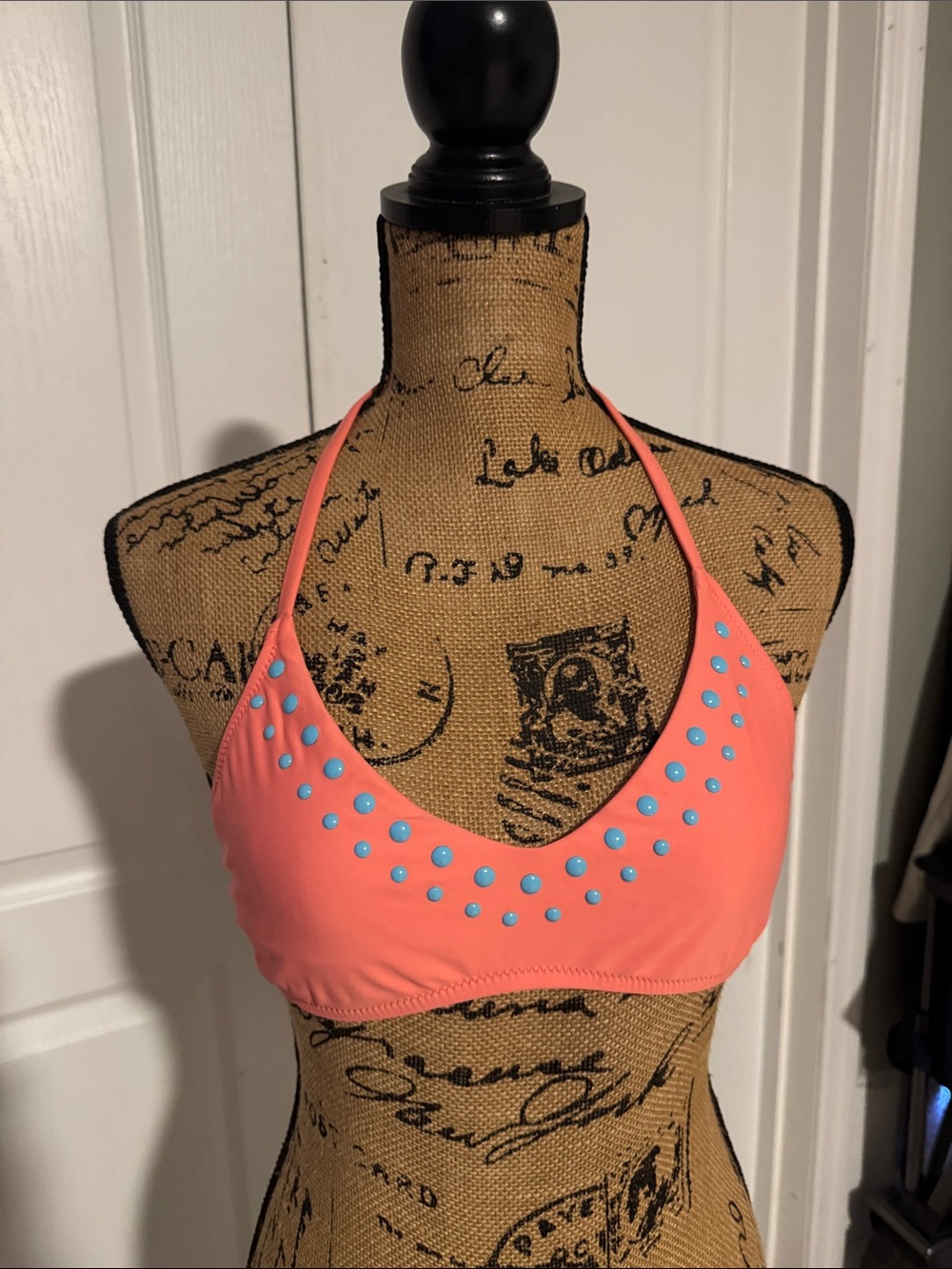Coral Halter Bikini Top with Blue Stud Accents Sz M